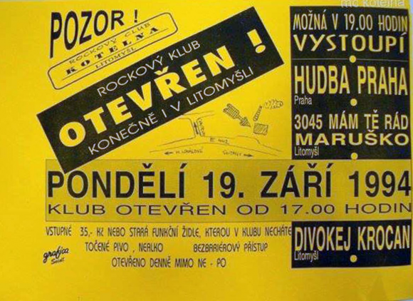 Plakát z prvního koncertu Kotelny, archiv klubu