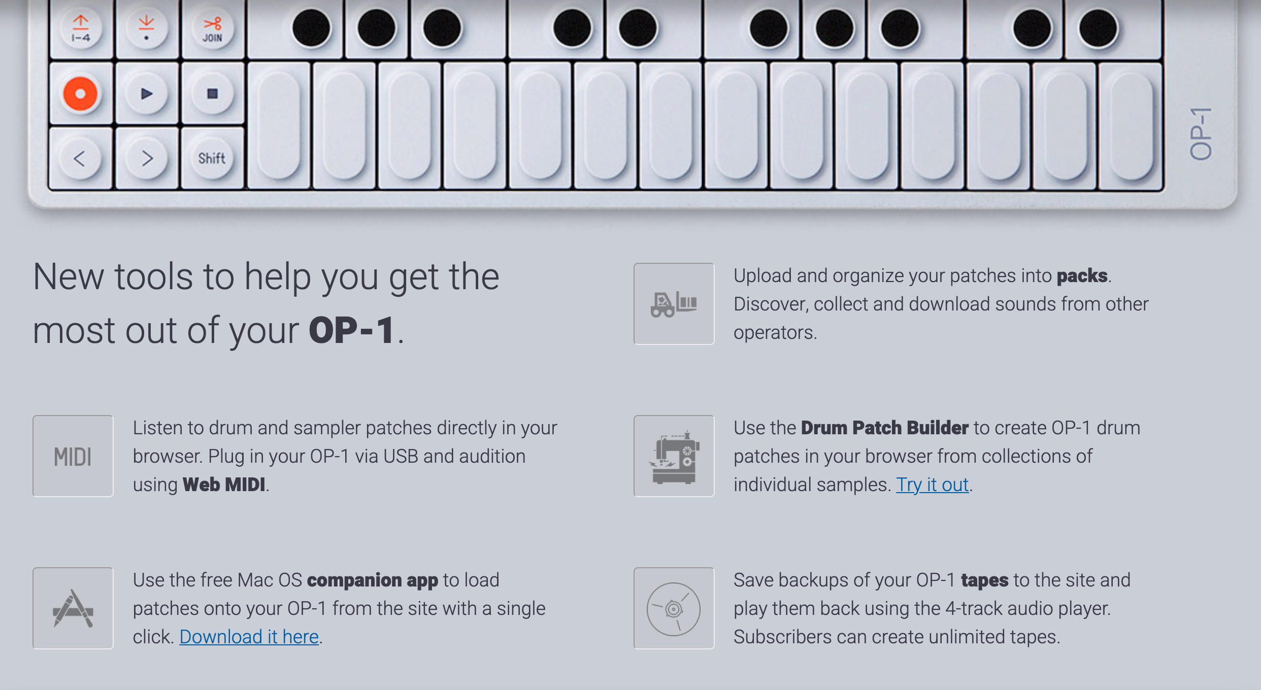 Drum Patch Builder se nachází v pravé části stránky op1.fun