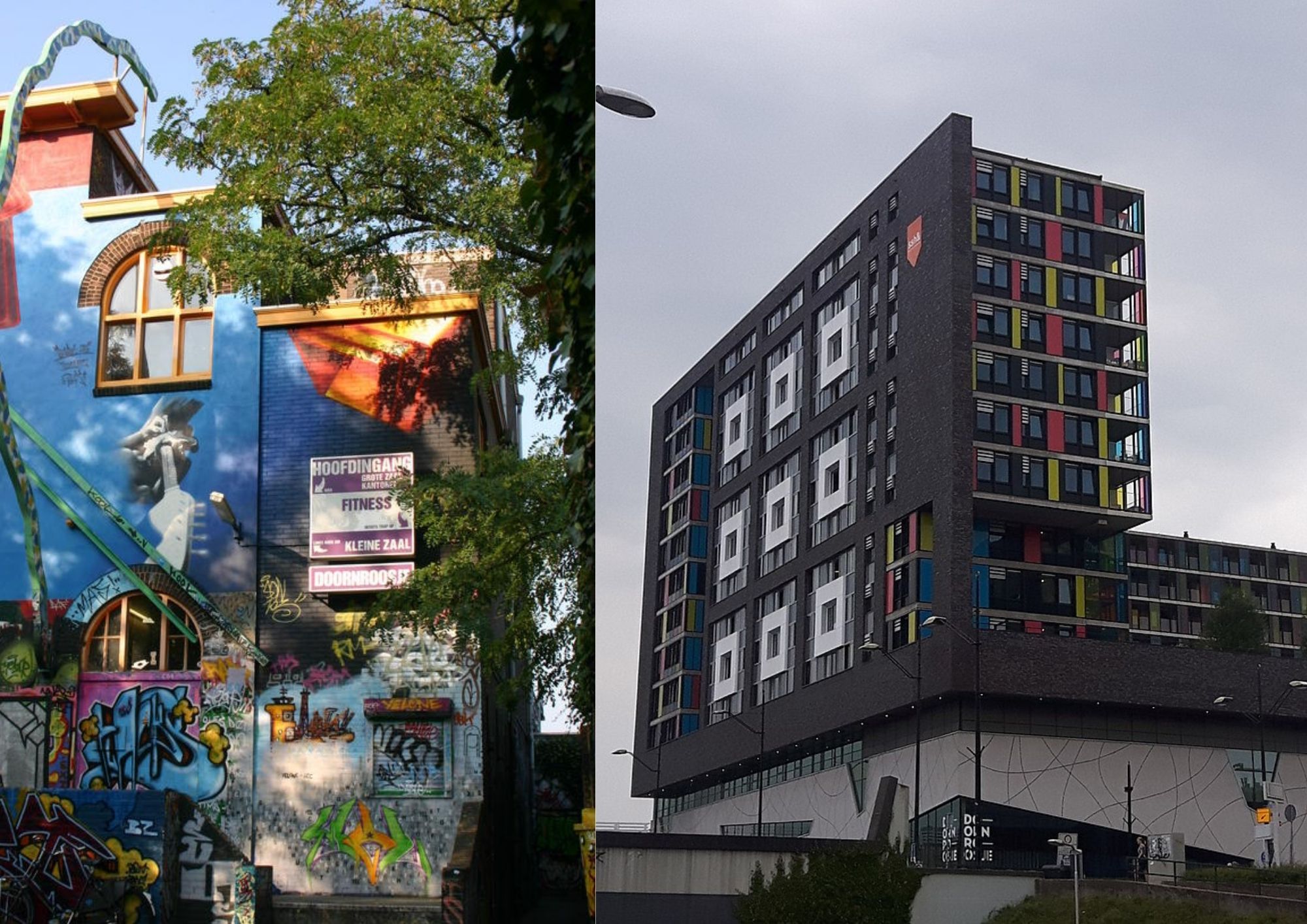 Doornroosje: stará budova vlevo a nová vpravo. | Foto: Ilse Lambert (L) and FakirNL (R), Wikimedia Commons
