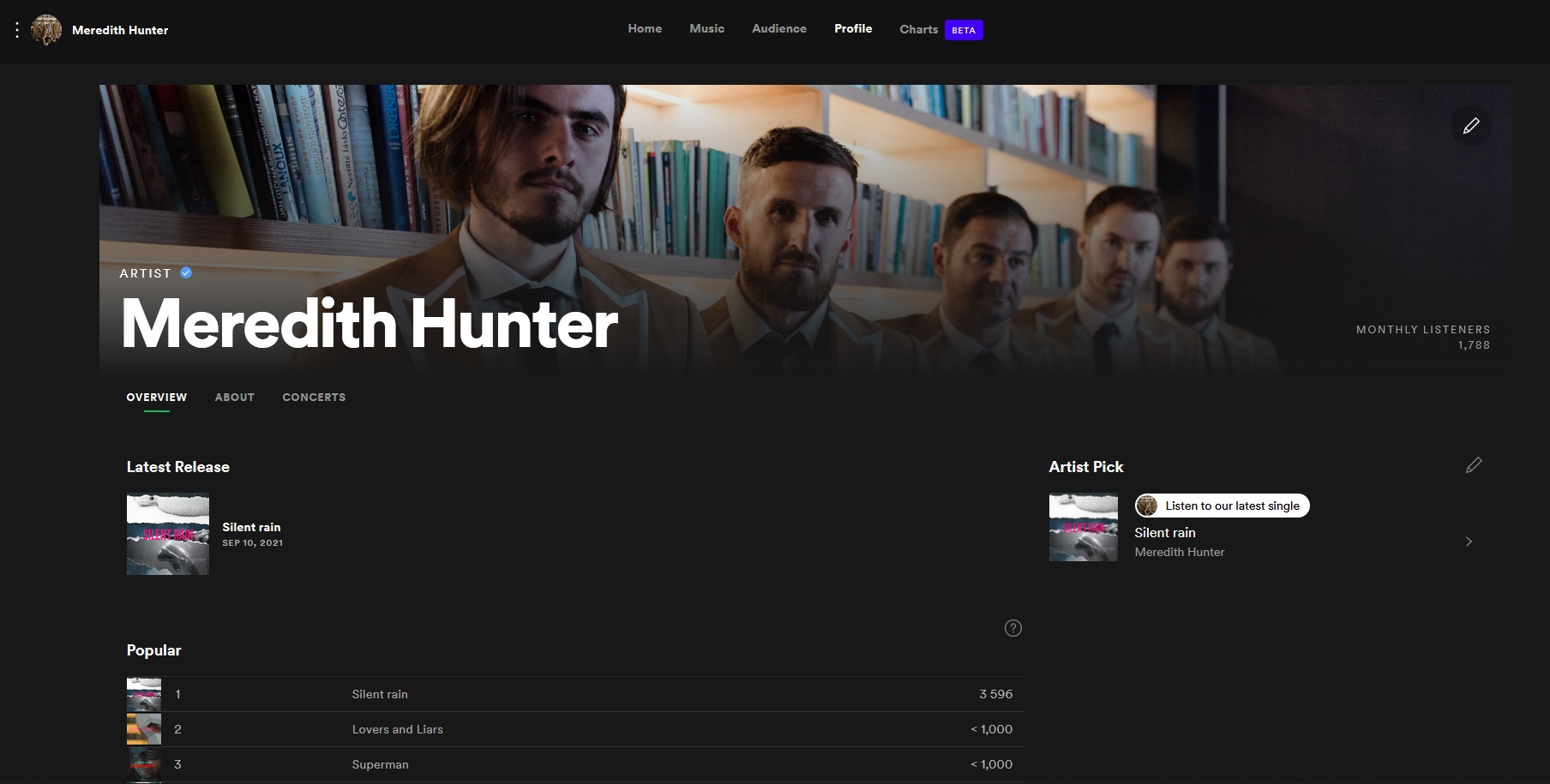 Takto vypadá správně nastavený a vyplněný profil na Spotify | Zdroj: Spotify, kapela Meredith Hunter